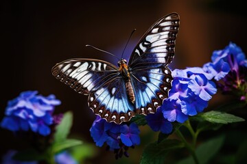 Sticker - Butterfly on blue flowers in the garden. Close up, Beautiful butterfly perched on a blue flower, AI Generated