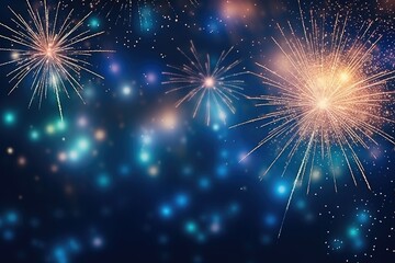 Poster - Colorful fireworks with bokeh effect on dark blue sky background, Beautiful firework display for celebration with blurred bokeh light, AI Generated