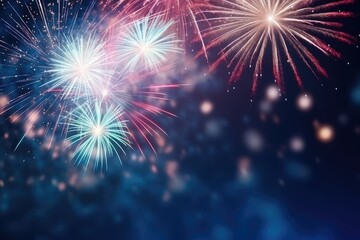 Poster - Colorful fireworks with bokeh effect on dark blue sky background, Beautiful firework display for celebration with blurred bokeh light, AI Generated