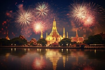 Poster - Fireworks at Wat Arun Temple, Bangkok, Thailand, Asia, Beautiful firework show for celebration with blurred bokeh light over Phra Nakhon Khiri, AI Generated