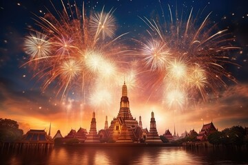 Poster - Beautiful firework show and Wat Arun at night, Bangkok, Thailand, Beautiful firework show for celebration with blurred bokeh light over Phra Nakhon Khiri, AI Generated