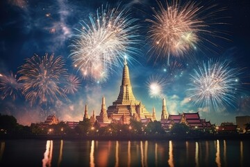Poster - Beautiful Fireworks at Wat Arun Temple, Bangkok, Thailand, Beautiful firework show for celebration with blurred bokeh light over Phra Nakhon Khiri, AI Generated
