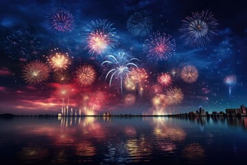 Sticker - Colorful fireworks with reflection on water, happy new year celebration background, Beautiful fireworks display for celebration night, AI Generated