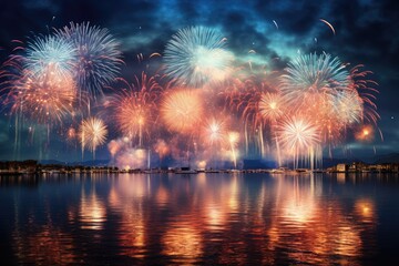 Poster - Colorful fireworks of various colors over night sky with reflection on water, Beautiful fireworks display for celebration night, AI Generated