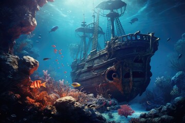 Sticker - Beautiful underwater world with a pirate ship. Underwater world, Beautiful underwater world with an old shipwreck, coral, and fish, AI Generated