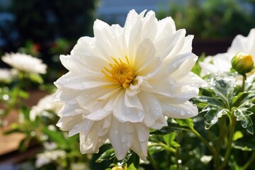 Wall Mural - White dahlia flower in the garden with water drops on petals, Beautiful white flower in the garden, AI Generated