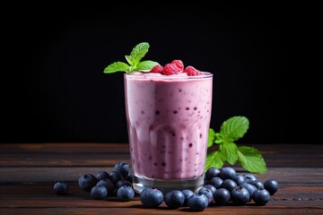 Canvas Print - Blueberry smoothie in glass with fresh berries on dark wooden background, Blueberry smoothie or milkshake with fresh berries, AI Generated