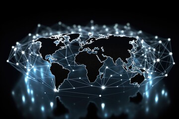 Wall Mural - World map with glowing lines and dots on dark background. 3D rendering, Black and white global network connection on a curved world map hologram, AI Generated