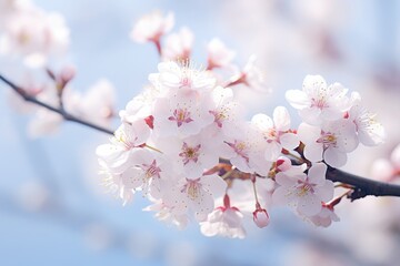 Sticker - cherry blossom tree in spring time on blue sky background, Cherry blossom in spring, a macro photo with shallow depth of field, AI Generated