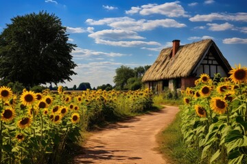 Wall Mural - Sunflower field with house and blue sky in background. Rural scene, A charming, rustic countryside with thatched cottage and rows of sunflowers, AI Generated