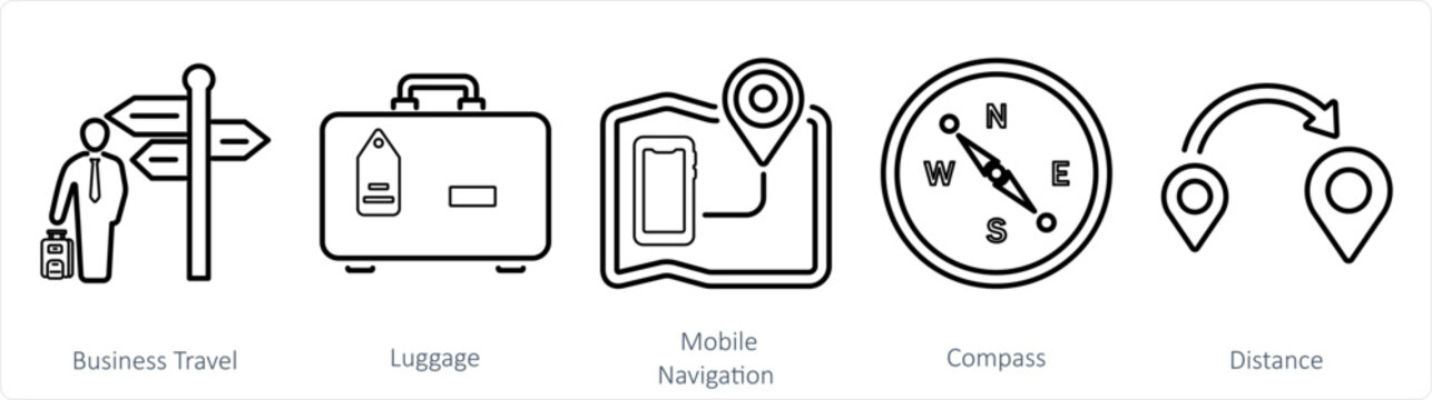 A set of 5 mix icons as business travel, luggage, mobile navigation