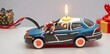 Car design Birthday cake with candles on it, celebration decorative lights, with copy space, attractive blurred background