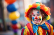 Cute young boy child dressed up with colorful clown costume for European carnival celebration