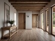 Spacious hallway with beam ceiling and wooden console table. Interior design of modern rustic