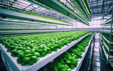 Wall Mural - Hydroponics technology. A hydroponic farm with rows of vibrant green plants