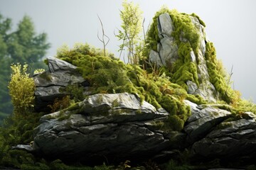 Poster - A picture of a moss covered rock formation with trees in the background. Suitable for nature and outdoor themes