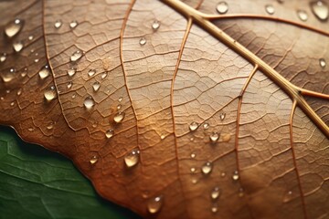Poster - A detailed view of a leaf with glistening water droplets. Perfect for illustrating nature's beauty and the delicate balance of life.