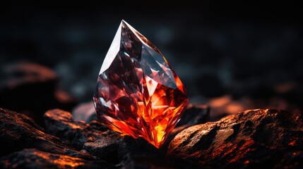 Poster - A red diamond sitting on top of a pile of rocks. Suitable for jewelry, gemstone, or luxury concepts