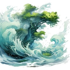 Poster - A painting of a tree standing tall in the midst of a powerful wave. Suitable for nature-themed artwork and ocean-inspired designs