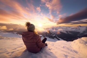 Sticker - A person sitting on top of a snow covered mountain. This image can be used to depict solitude, adventure, or enjoying the beauty of nature