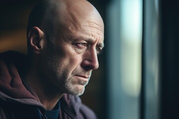 Poster - A bald man standing near a window, gazing outside. Suitable for various concepts and themes