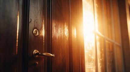 Poster - A detailed close-up shot of a door handle on a wooden door. This versatile image can be used to depict concepts such as security, entrance, home, or interior design