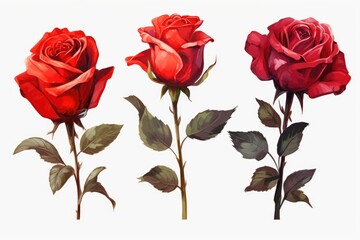 Poster - Three red roses with green leaves on a white background. Suitable for romantic occasions and floral designs