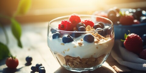 Poster - A glass of yogurt topped with fresh berries and crunchy granola. Perfect for a healthy breakfast or snack