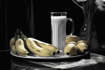 Poster - A simple and nutritious meal consisting of a plate of bananas and a glass of milk. Ideal for a healthy breakfast or a quick snack.