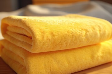 Wall Mural - A stack of yellow towels placed neatly on a wooden table. Perfect for home decor or spa-themed projects