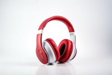 Aufkleber - Pair of red and white headphones placed on a clean white surface. Perfect for illustrating music, technology, or relaxation concepts