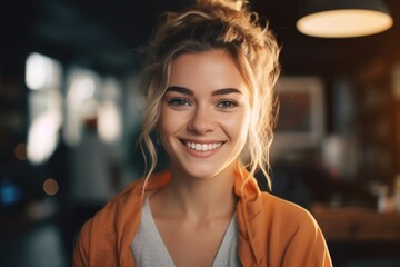 Aufkleber - A woman in an orange jacket smiling at the camera. Suitable for various uses