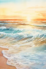 Poster - A beautiful painting capturing the serene moment of a sunset over the ocean. Perfect for adding a touch of tranquility to any space