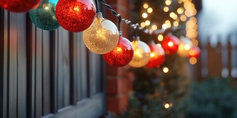 Poster - A festive display of Christmas lights hanging from the side of a building. Perfect for adding a touch of holiday cheer to any project or event