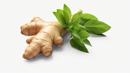 Poster - A close-up image of a ginger root with vibrant green leaves on a clean white surface. This versatile picture can be used in various contexts