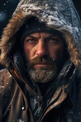 Poster - A picture of a man with a beard wearing a hooded jacket. This versatile image can be used in various contexts