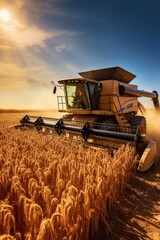 Wall Mural - Harvest season. A combine harvester processing corn in a golden field