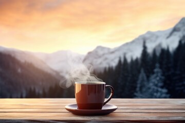 Poster - A cup of coffee resting on a saucer placed on a wooden table. Suitable for various coffee-related themes and concepts