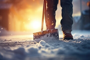 Poster - A person standing in the snow with a snow shovel. This image can be used to depict winter activities or clearing snow