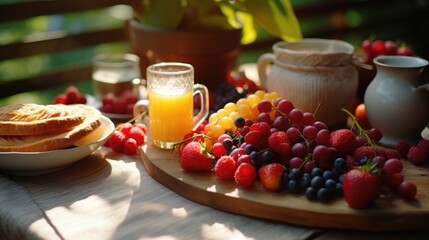 Poster - A wooden table with a plate of fresh fruit and a glass of refreshing orange juice. Perfect for healthy eating and breakfast concepts