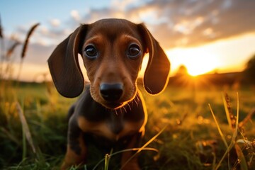 Aufkleber - A brown and black dog sitting peacefully in the grass. Perfect for pet-related projects and nature-themed designs