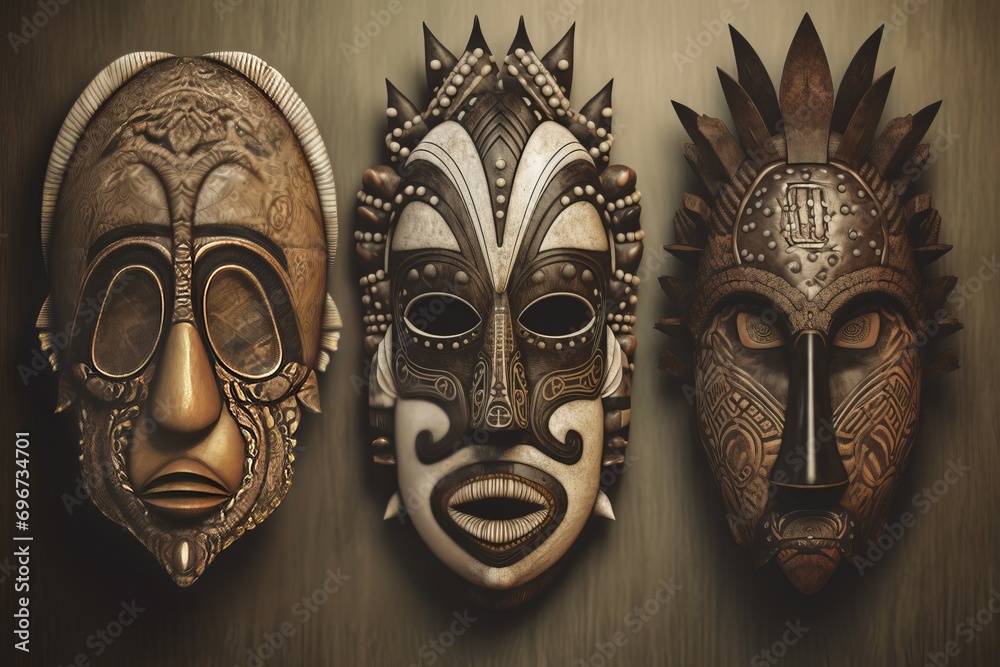 Tribal mystic African masks. Ceremonial antique cultic curved voodoo masks. Generate ai