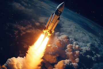Poster - A space shuttle taking off into the sky. Suitable for science and technology concepts