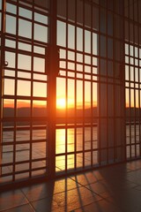 Poster - The setting sun shining through a window of a building. This image can be used to depict a peaceful and serene atmosphere with natural lighting