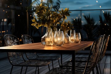 Poster - A wooden table with vases filled with flowers. Perfect for adding a touch of nature to any setting