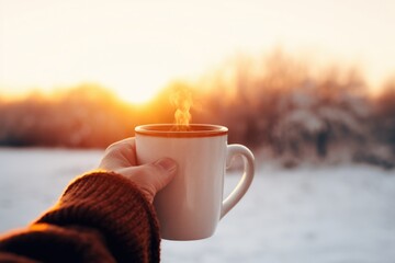 Poster - A person holding a cup of coffee in the snow. Perfect for winter-themed designs and cozy atmosphere concepts