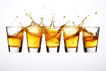 Poster - Four shot glasses filled with liquid and a splash of water. Versatile image suitable for various themes and concepts