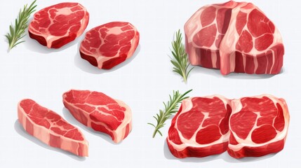 Poster - A bunch of raw meat on a white surface. Perfect for food blogs and recipes