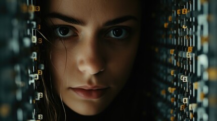 Poster - A close-up view of a woman's face seen through a chain link fence. This image can be used to depict feelings of confinement, restriction, or longing