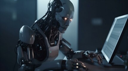 Poster - A robot humanoid android cyborg with artificial intelligence working at the computer.